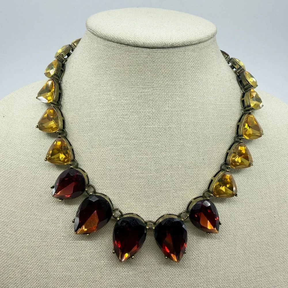 Amber & Gold Tone Red Facet Teardrop Acrylic Antiqued Chunky Statement Necklace